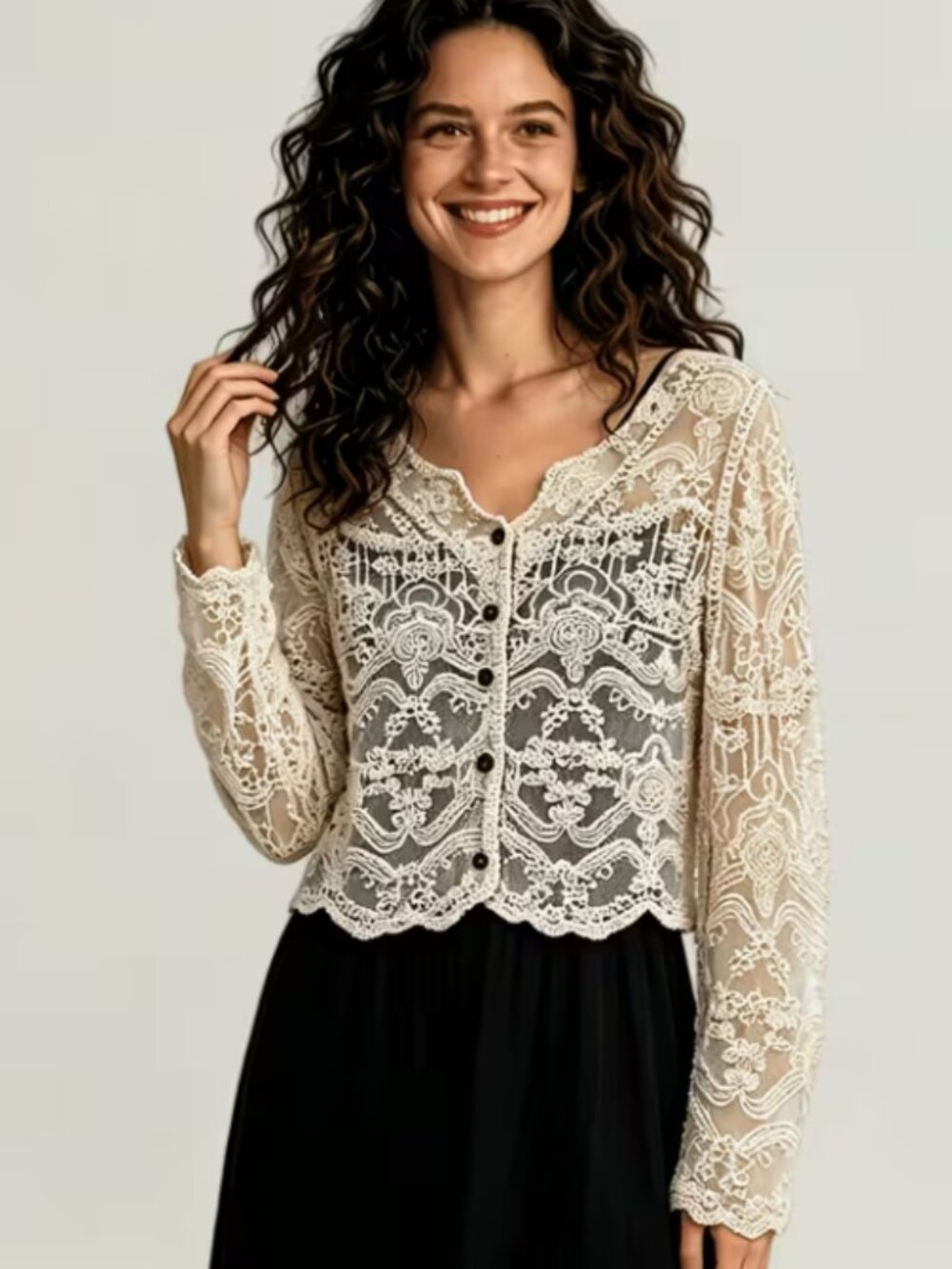 100% Cotton Embroidered Lace Bell Sleeve Size M Cardigan Cottagecore Y2K Boho